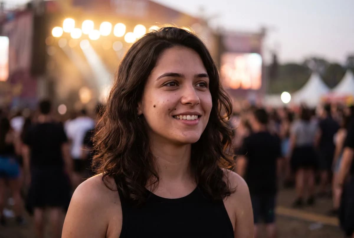 Mulher sorrindo na plateia de um festival ao entardecer, com o palco iluminado ao fundo