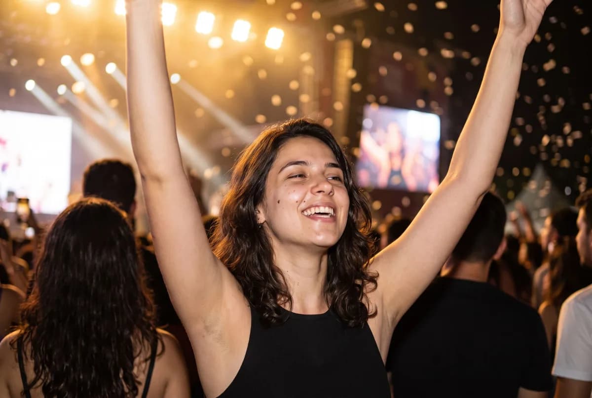 A mesma mulher de braços erguidos, cantando junto, com confete no ar
