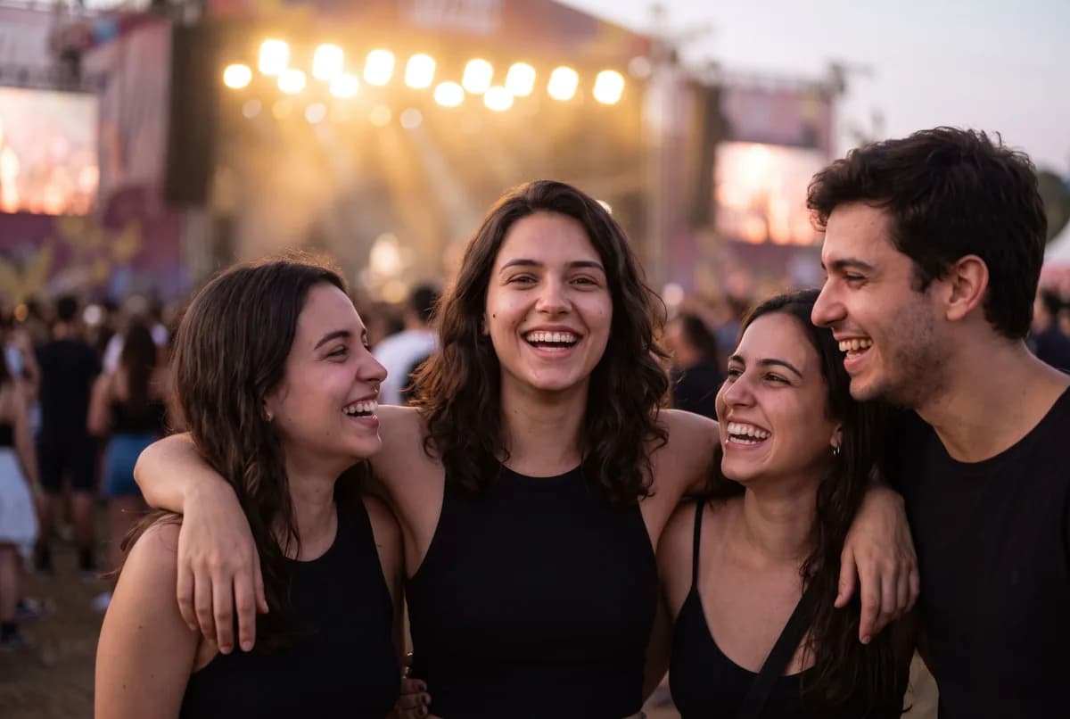 A mesma mulher com três amigos, todos rindo abraçados no festival