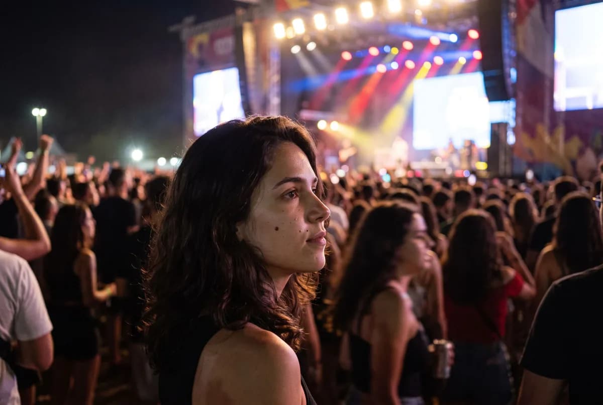 A mesma mulher no meio da pista à noite, olhando para o palco de um show grande